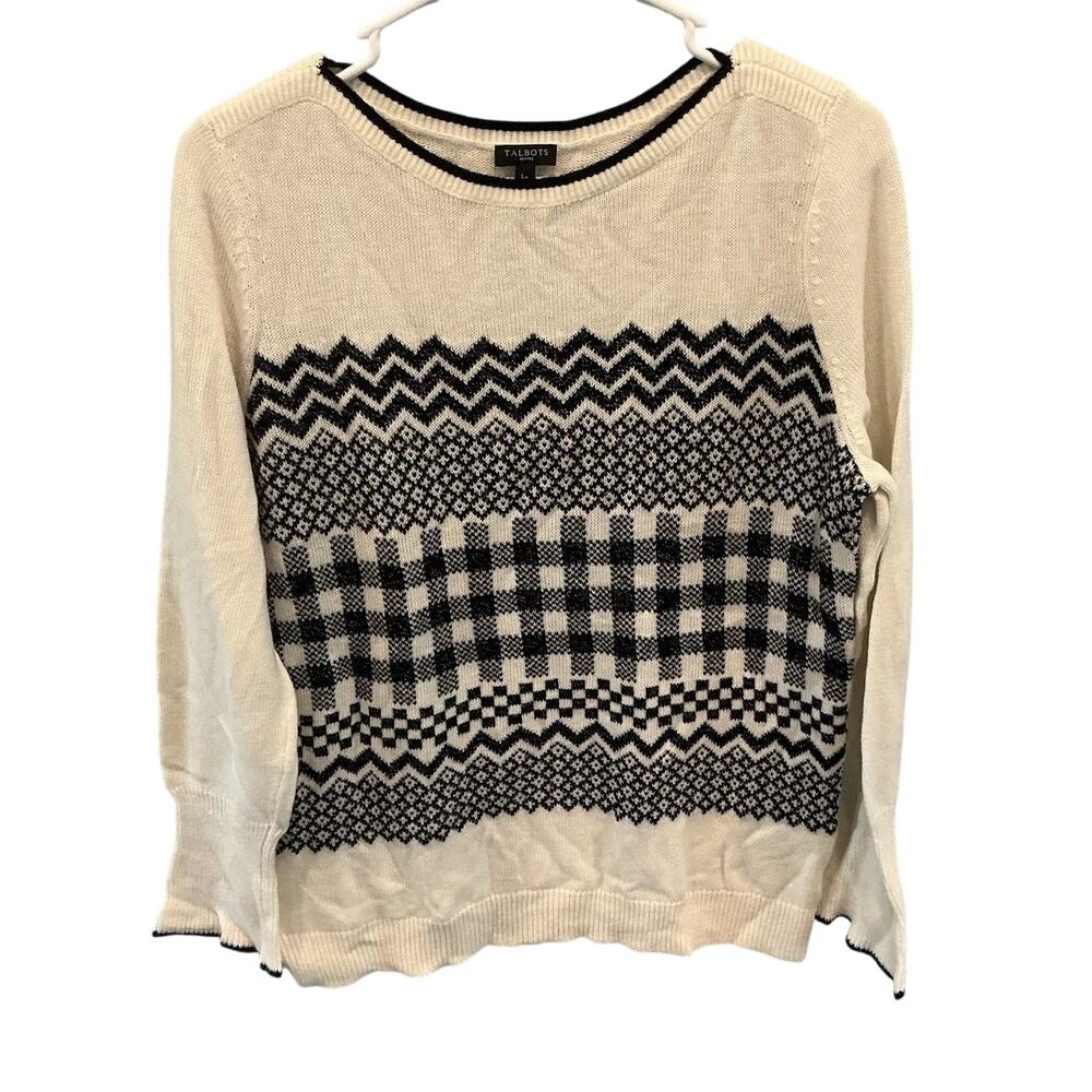 Talbots Womens Wool Blend Sweater Size LP White Striped Gingham Checkered Preppy